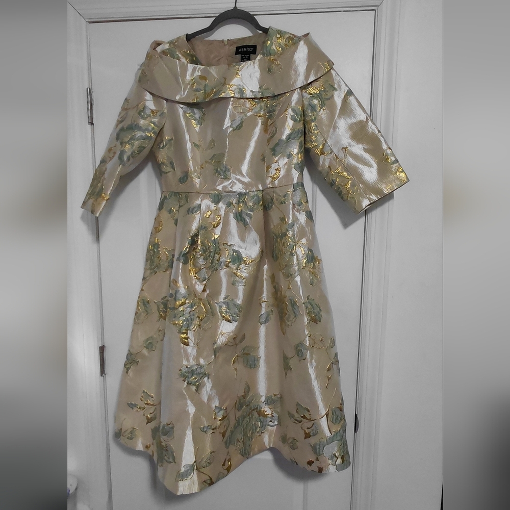Ashro Floral Metallic Fit-and-Flare Dress in Champagne and Gold
